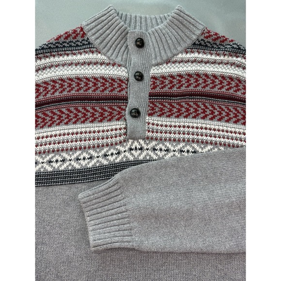 Chaps‎ Sweater Men's Medium Gray Red Henley Heavy Knit Holiday Fair Isle Nordic - Picture 2 of 11
